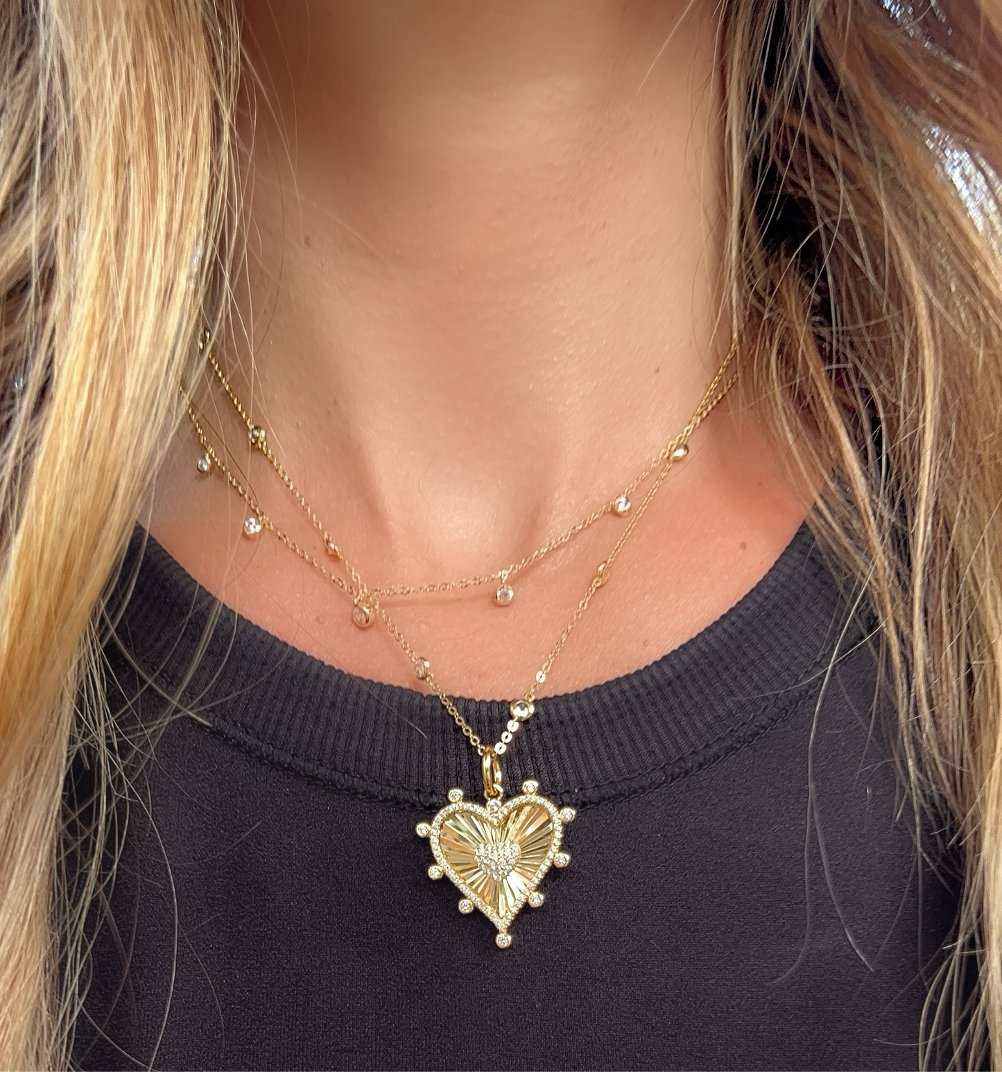 Large Fluted Pave Heart Pendant and CZ Chain