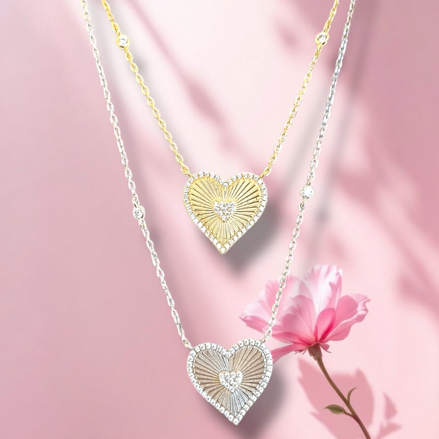 Fluted Pave Accent Heart Necklace