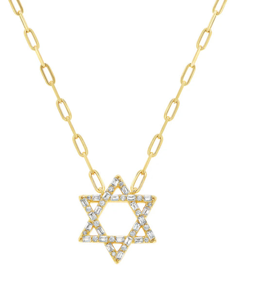 Baguette Star of David Paperclip Chain Necklace 