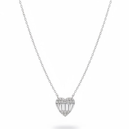 Silver heart shaped necklace with mixed shape stones on a silver cable chain. 