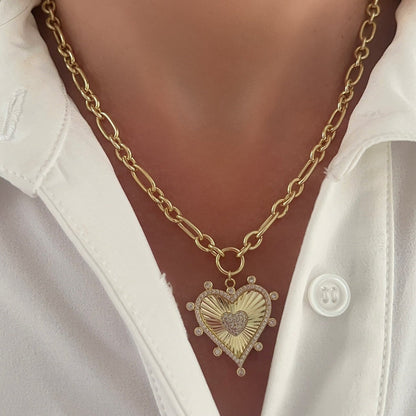 Large Fluted Pave Heart Pendant and CZ Chain 