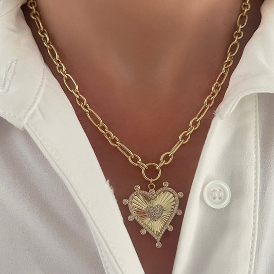 Large Fluted Pave Heart Pendant and CZ Chain 