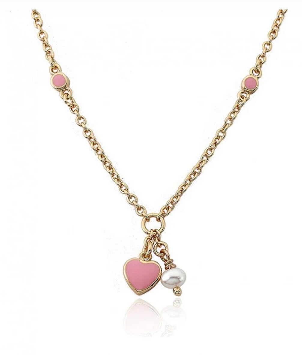 Girls Pink Heart and Pearl Necklace 