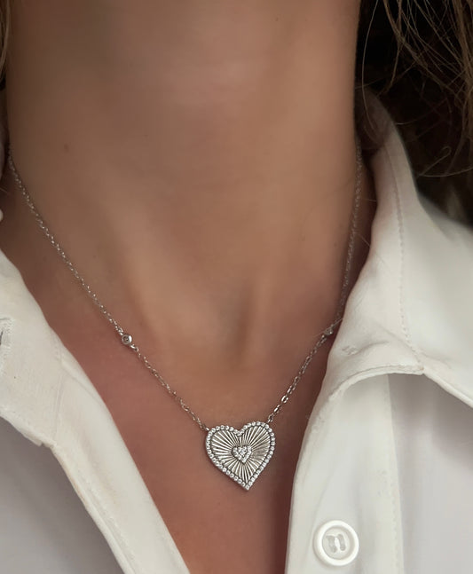 Fluted Pave Accent Heart Necklace 