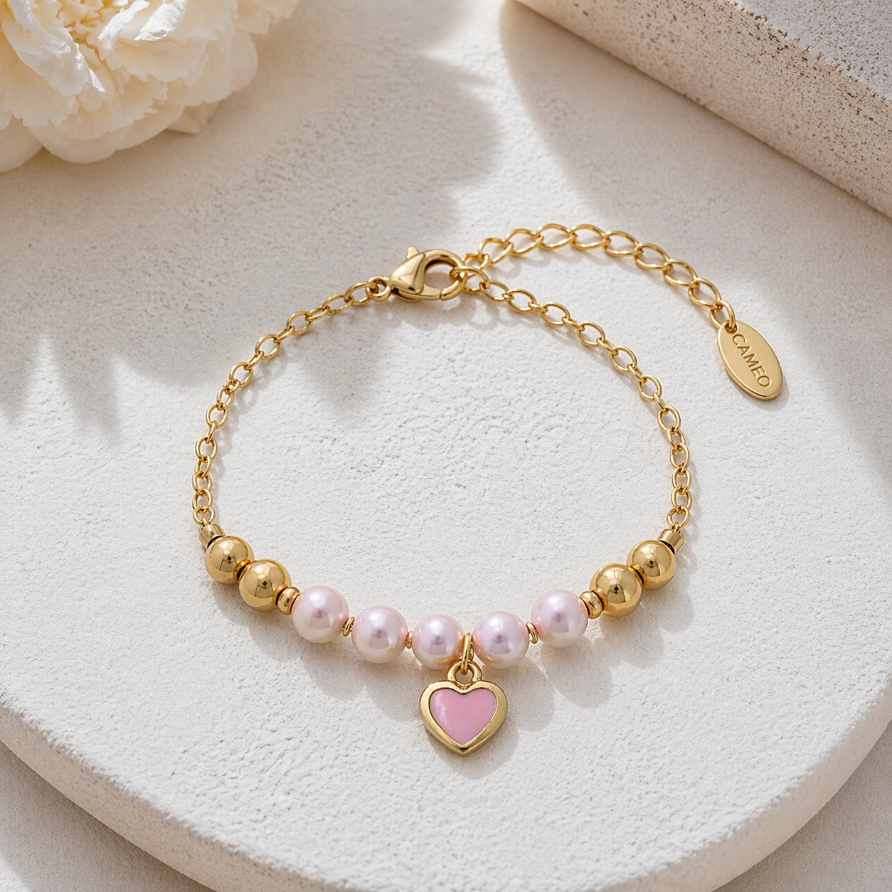 Pink Beaded Enamel Heart Bracelet 