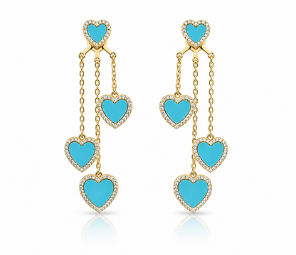 Turquoise Dangle Hearts Statement Earrings 