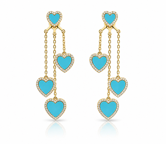 Turquoise Dangle Hearts Statement Earrings 