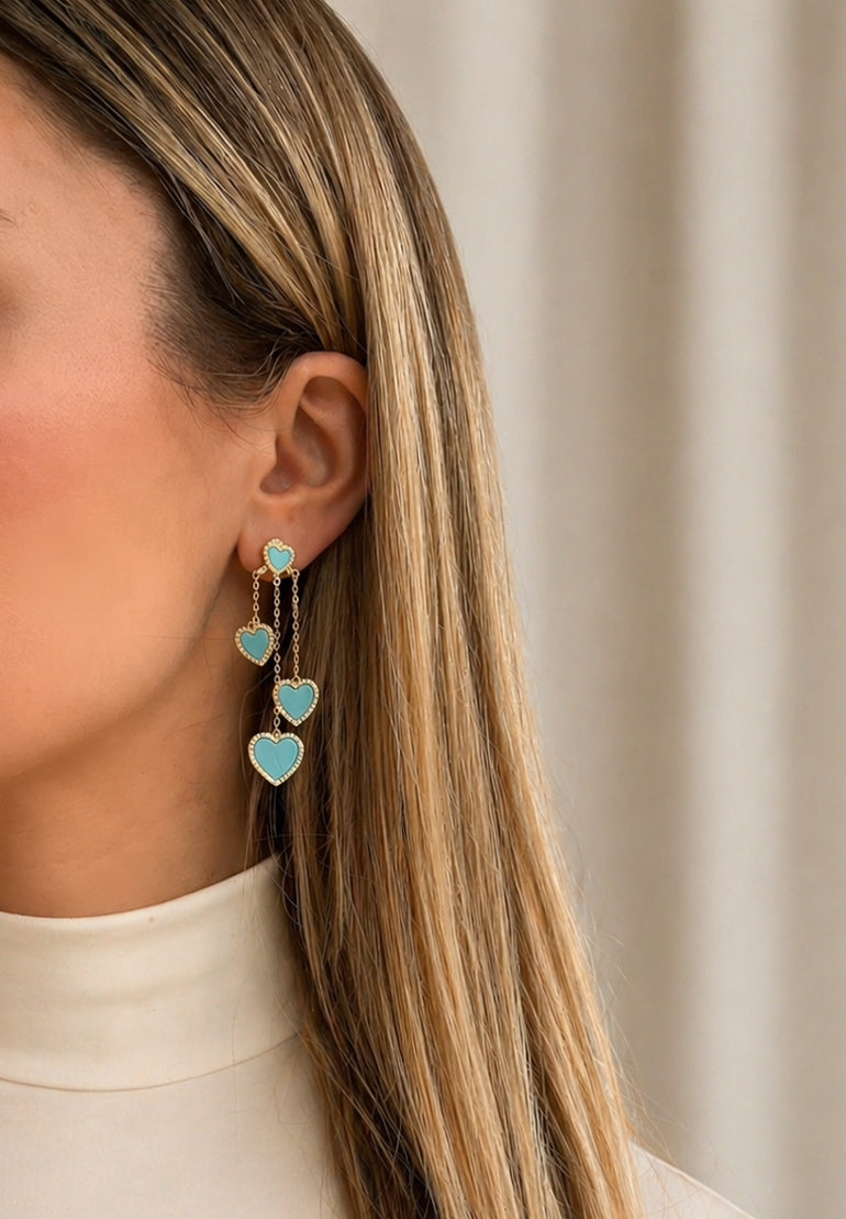 Turquoise Dangle Hearts Statement Earrings 