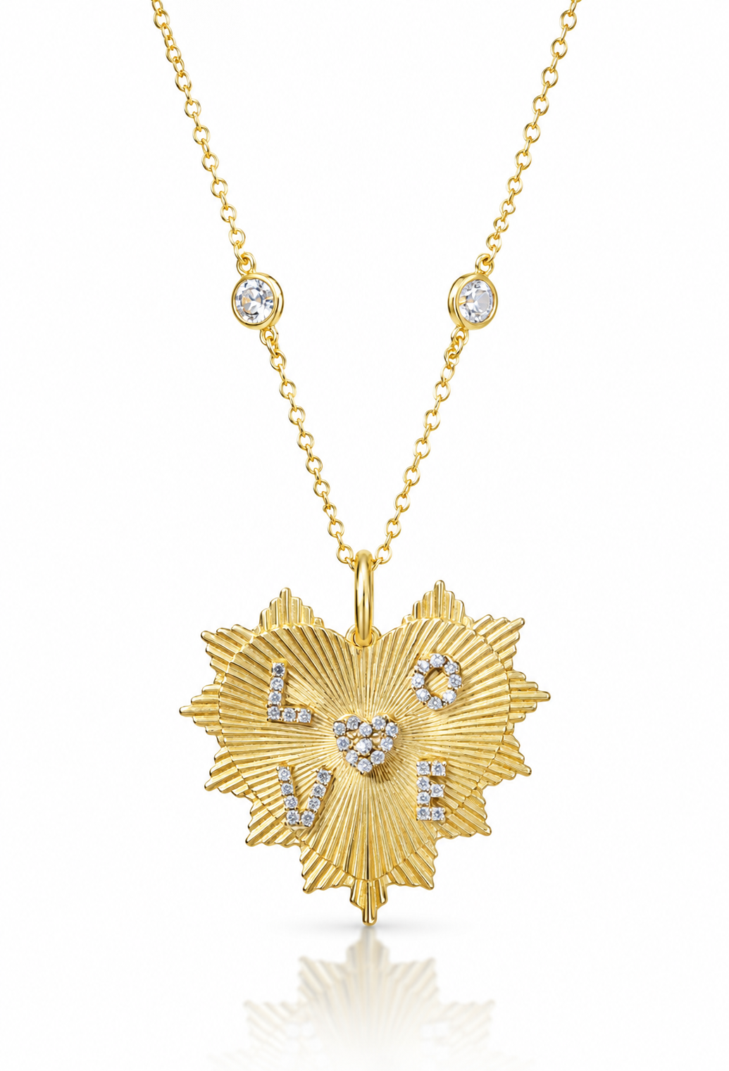 Fluted LOVE Heart Pendant CZ Chain 