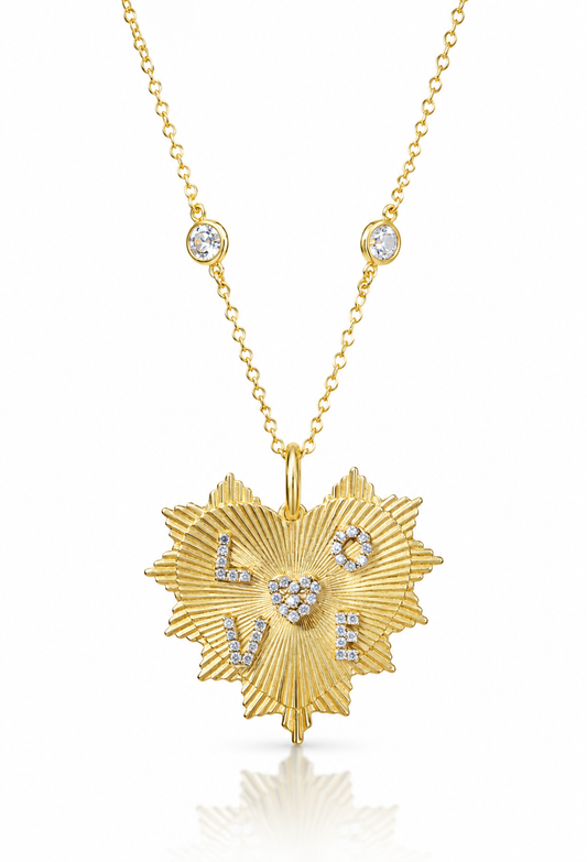 Fluted LOVE Heart Pendant CZ Chain 