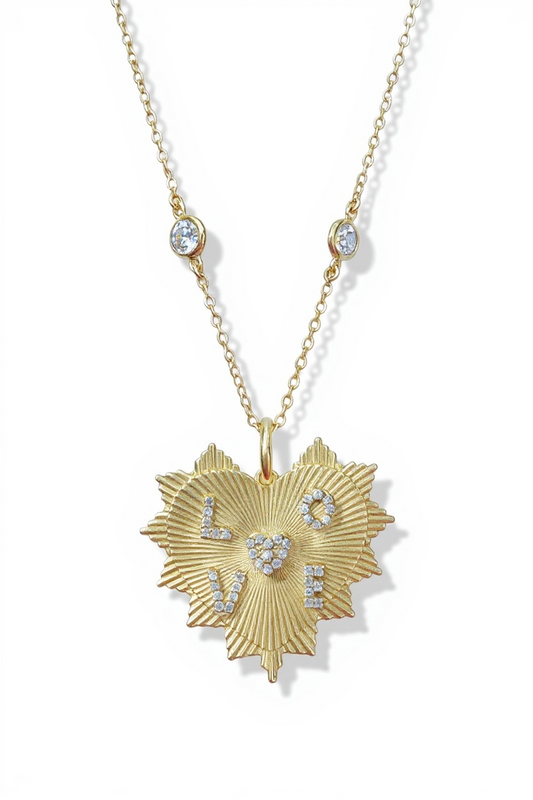 Fluted LOVE Heart Pendant CZ Chain 