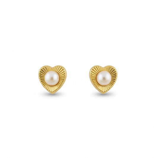 Solid 14K Fluted Pearl Heart Screwback 