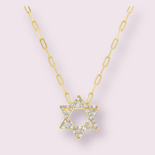 Baguette Star of David Paperclip Chain Necklace 