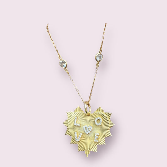 Fluted LOVE Heart Pendant CZ Chain 