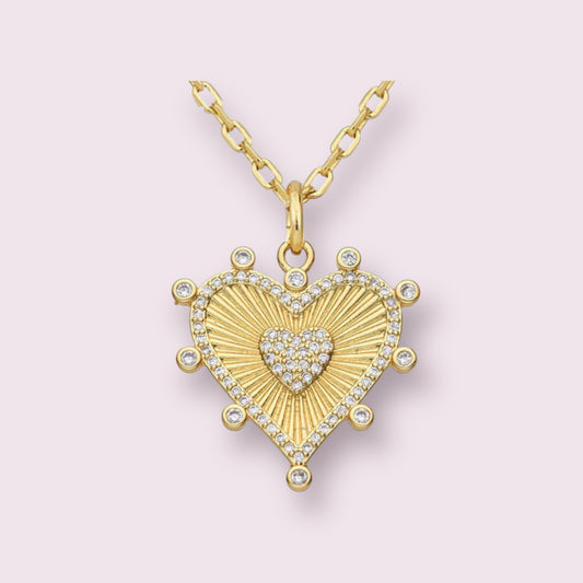 Large Fluted Pave Heart Pendant and CZ Chain 