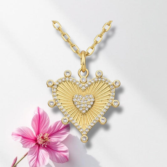 Large Fluted Pave Heart Pendant and CZ Chain 