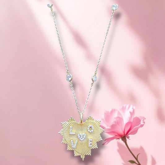 Fluted LOVE Heart Pendant CZ Chain 