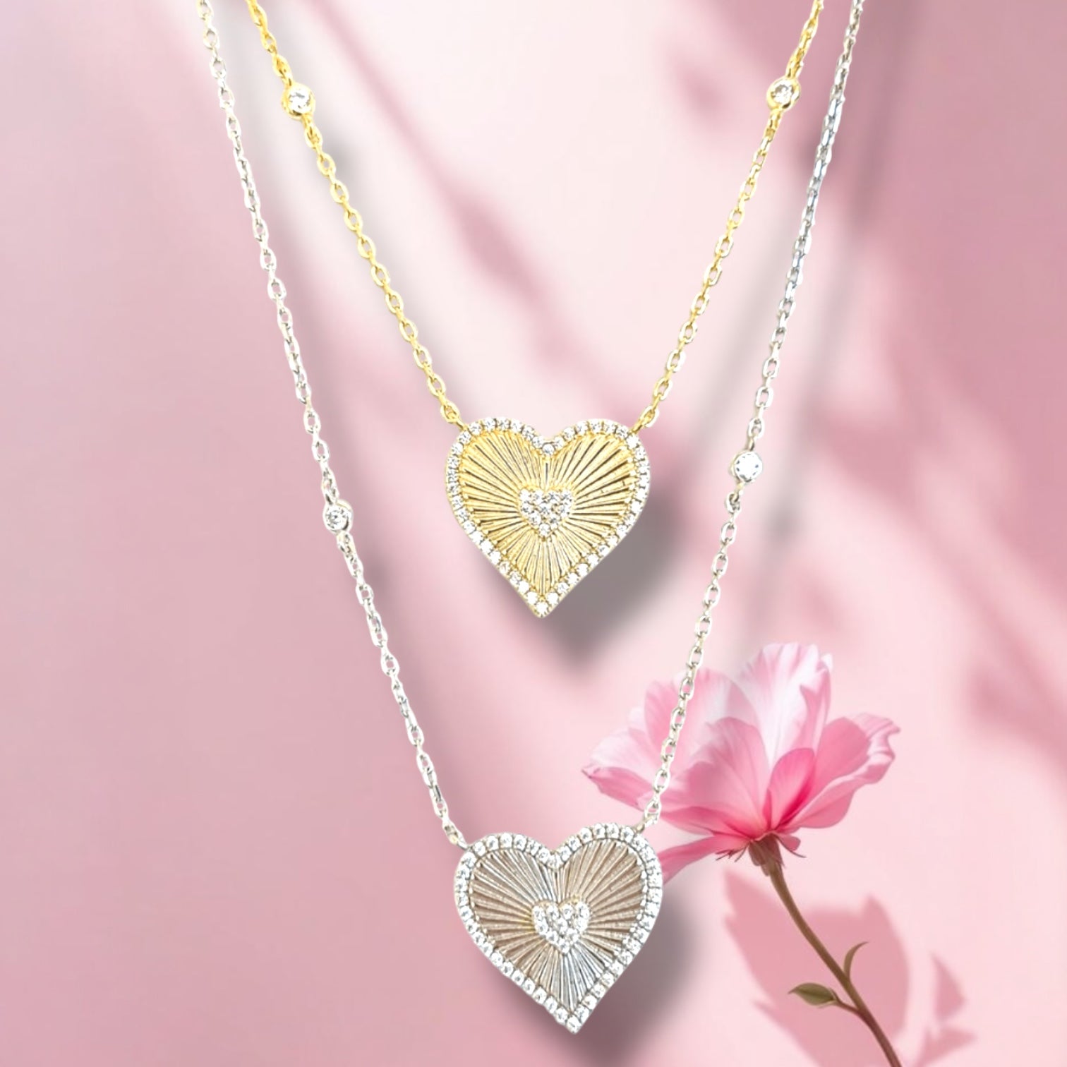Fluted Pave Accent Heart Necklace 