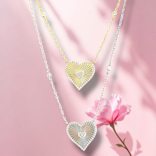 Fluted Pave Accent Heart Necklace 