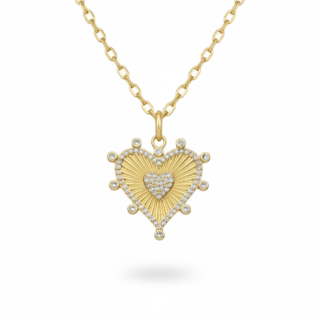 Large Fluted Pave Heart Pendant and CZ Chain 