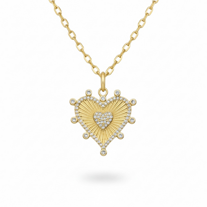Large Fluted Pave Heart Pendant and CZ Chain 