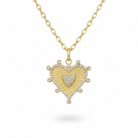 Large Fluted Pave Heart Pendant and CZ Chain 