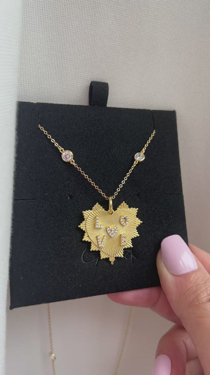Fluted LOVE Heart Pendant CZ Chain